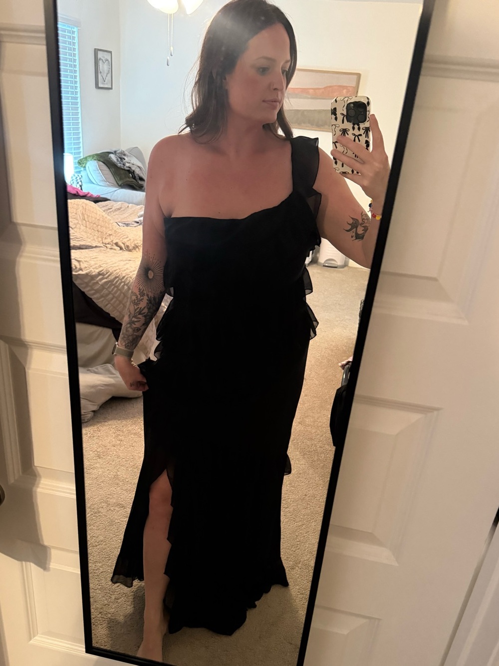 Boohoo Black One-Shoulder Ruffle Maxi Dress with Side Slit